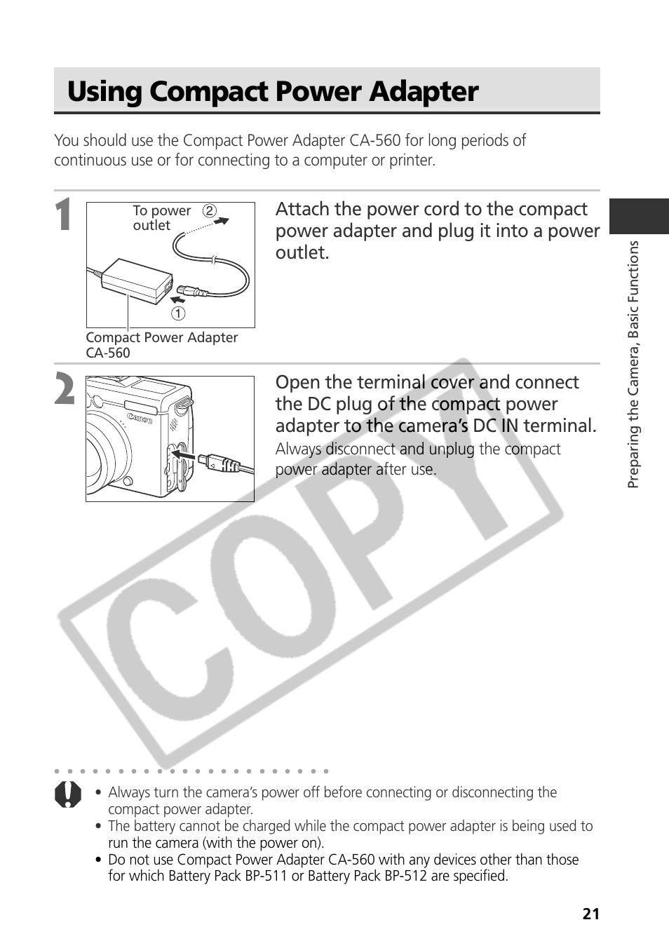 Using compact power adapter, Preparing the camera, basic functions | Canon CDI-E075-010 User Manual | Page 27 / 214