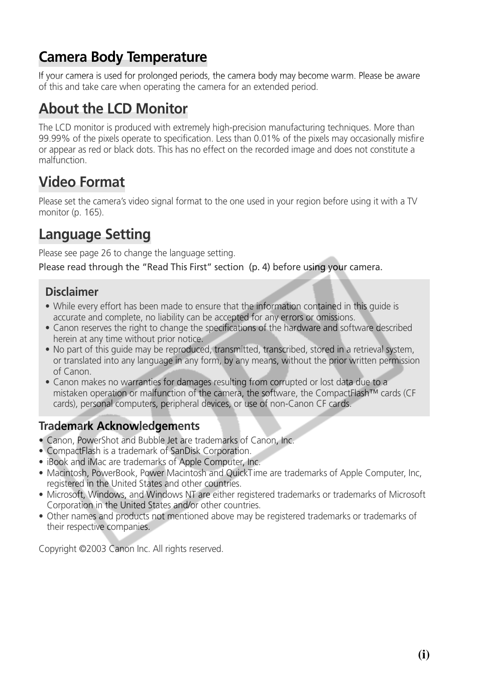 Camera body temperature, About the lcd monitor, Video format | Language setting | Canon CDI-E075-010 User Manual | Page 3 / 214