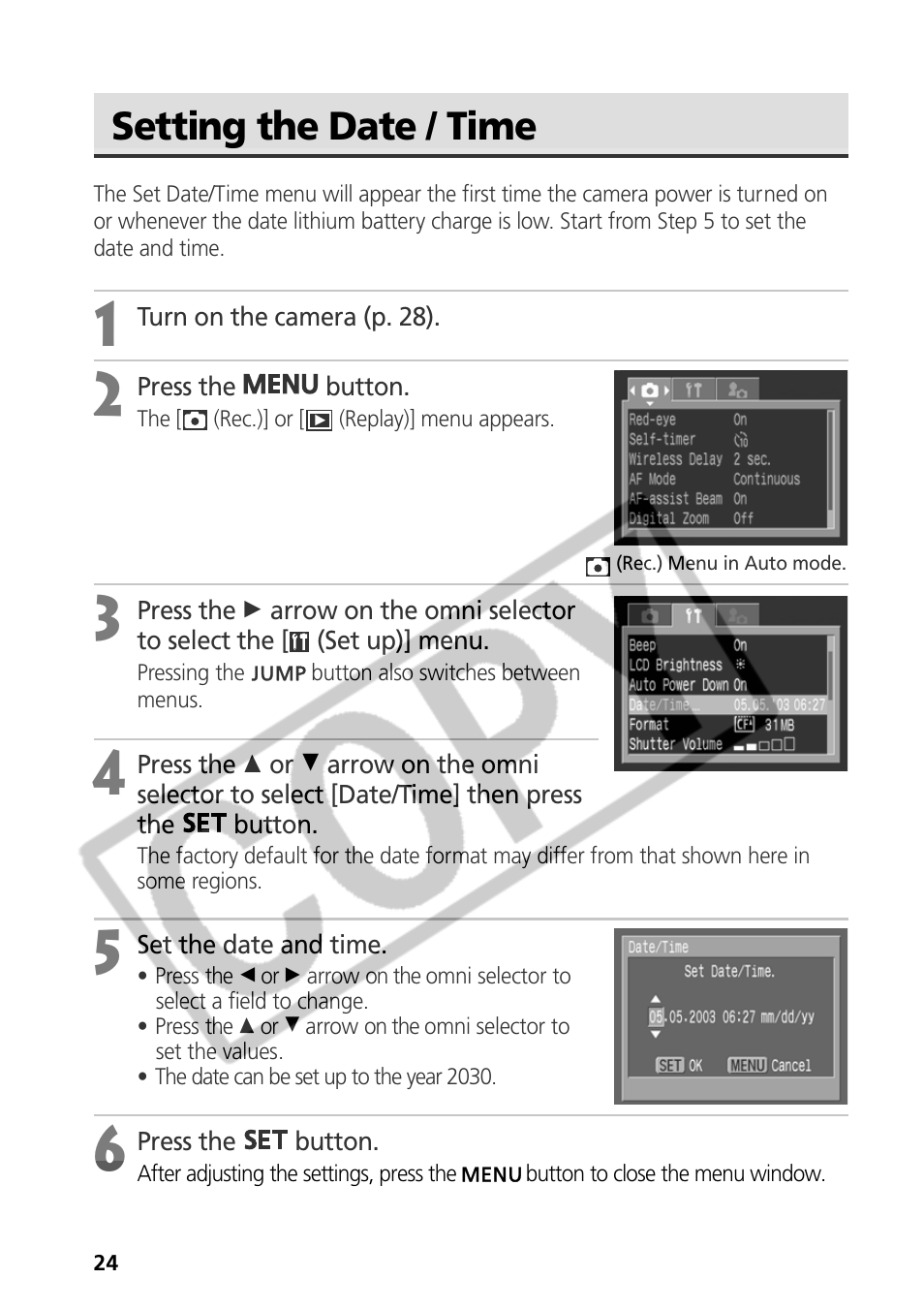 Setting the date / time | Canon CDI-E075-010 User Manual | Page 30 / 214