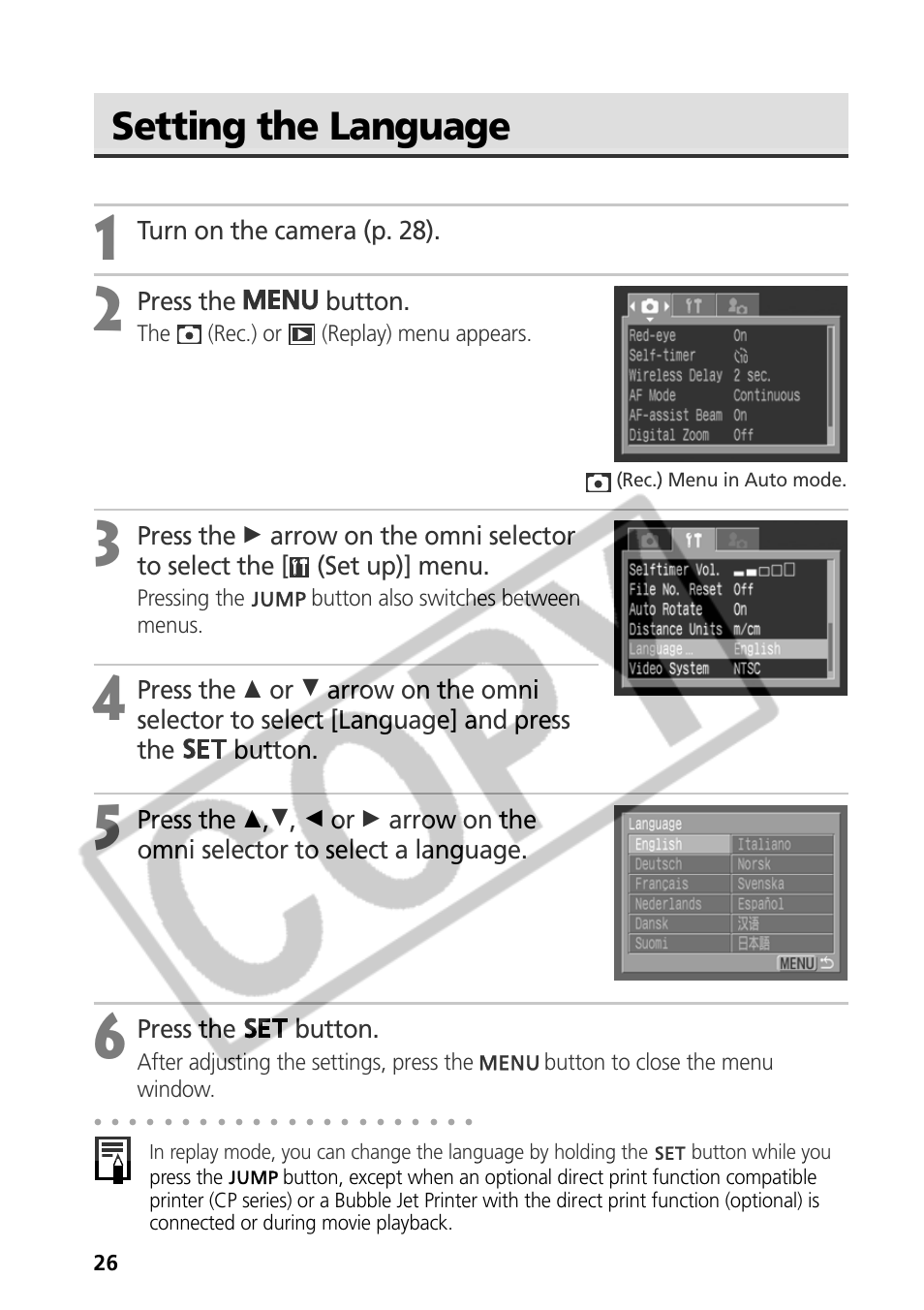 Setting the language, Turn on the camera (p. 28), Press the button | Canon CDI-E075-010 User Manual | Page 32 / 214