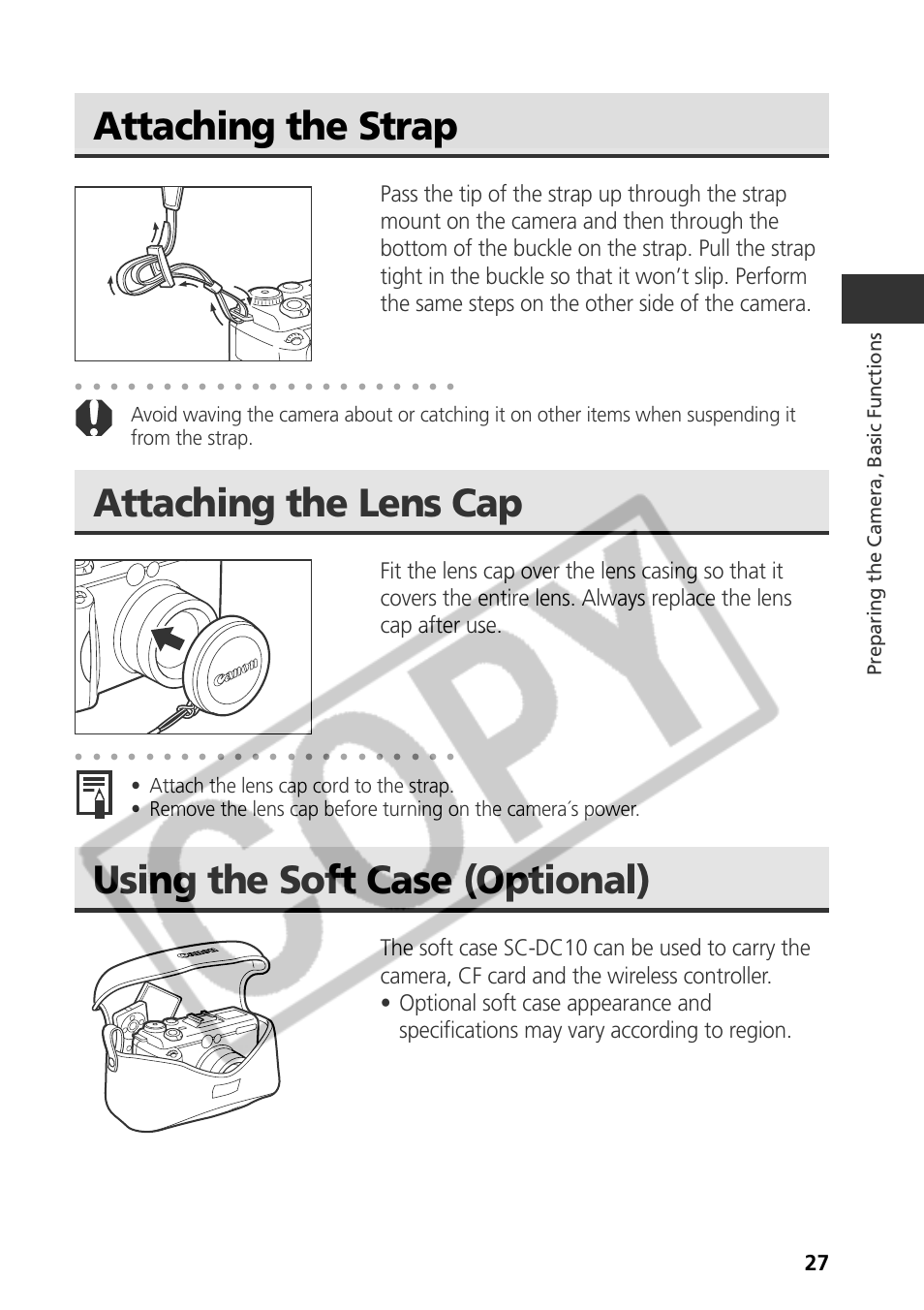 Attaching the strap, Attaching the lens cap, Using the soft case (optional) | Preparing the camera, basic functions | Canon CDI-E075-010 User Manual | Page 33 / 214