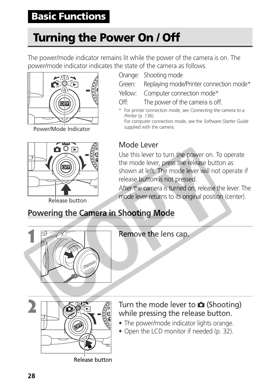 Turning the power on / off, Basic functions | Canon CDI-E075-010 User Manual | Page 34 / 214