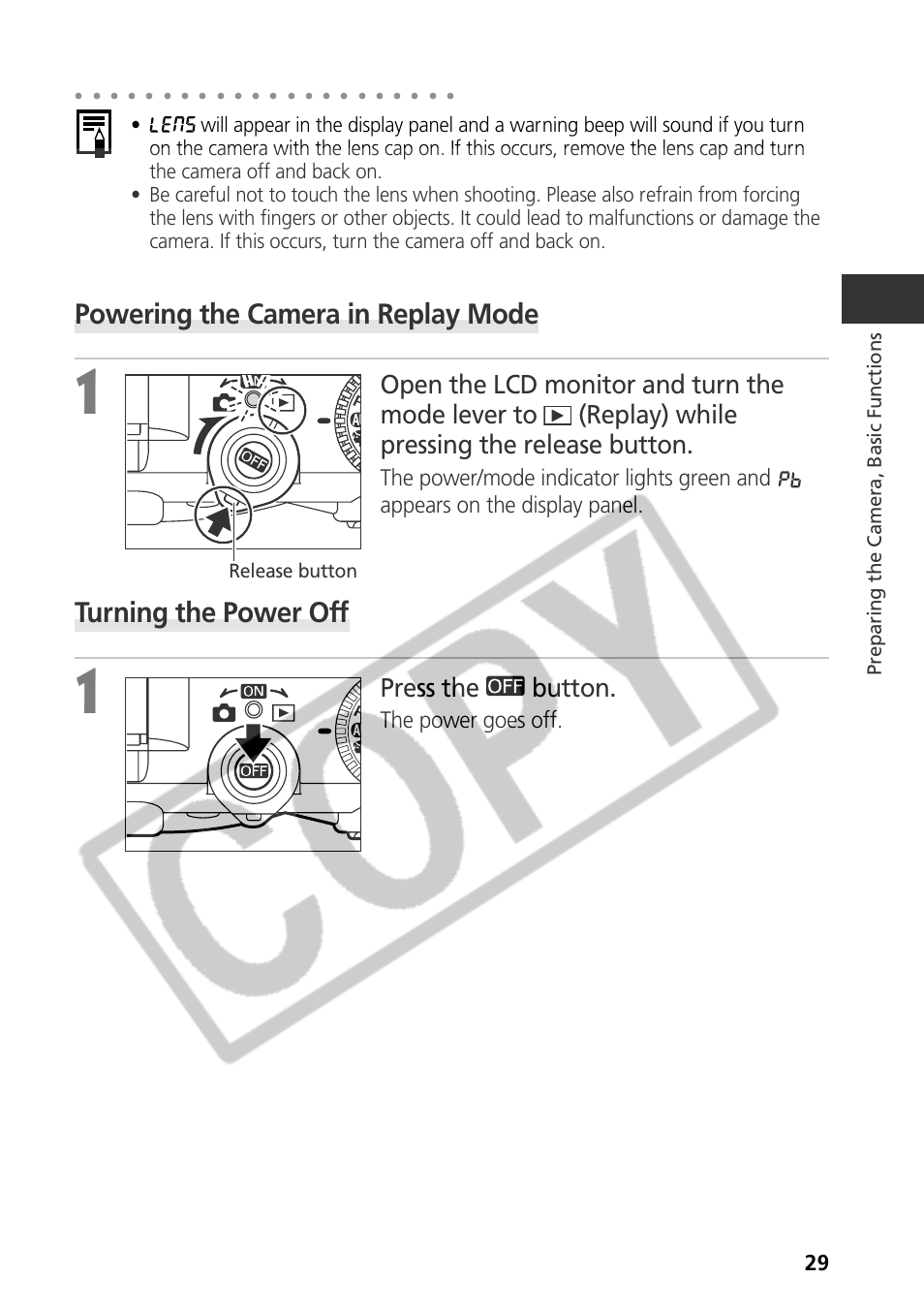 Powering the camera in replay mode, Turning the power off, Press the button | The power goes off, Preparing the camera, basic functions, Release button | Canon CDI-E075-010 User Manual | Page 35 / 214