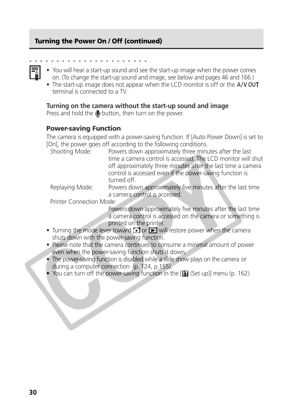 Power-saving function, Turning the power on / off (continued), Press and hold the button, then turn on the power | Canon CDI-E075-010 User Manual | Page 36 / 214