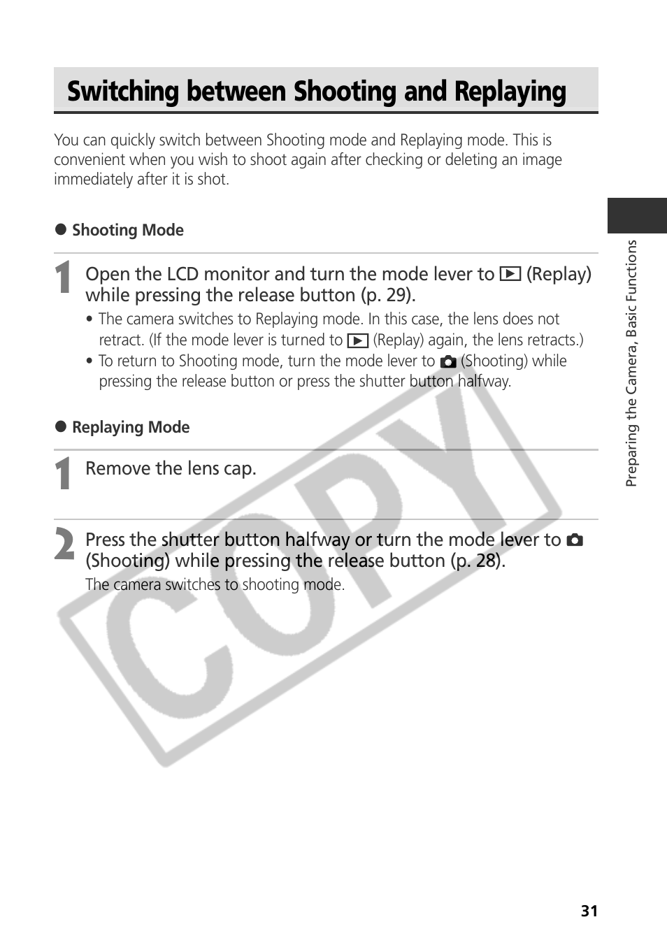 Switching between shooting and replaying | Canon CDI-E075-010 User Manual | Page 37 / 214