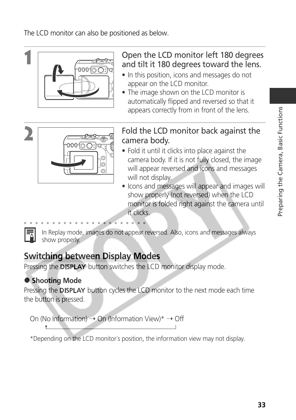 Switching between display modes, Fold the lcd monitor back against the camera body, The lcd monitor can also be positioned as below | Canon CDI-E075-010 User Manual | Page 39 / 214