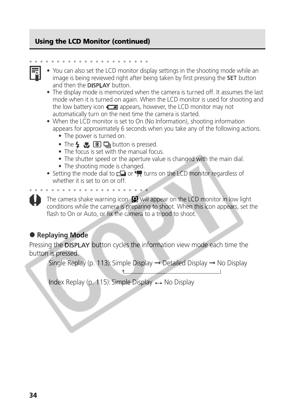 34 using the lcd monitor (continued) | Canon CDI-E075-010 User Manual | Page 40 / 214