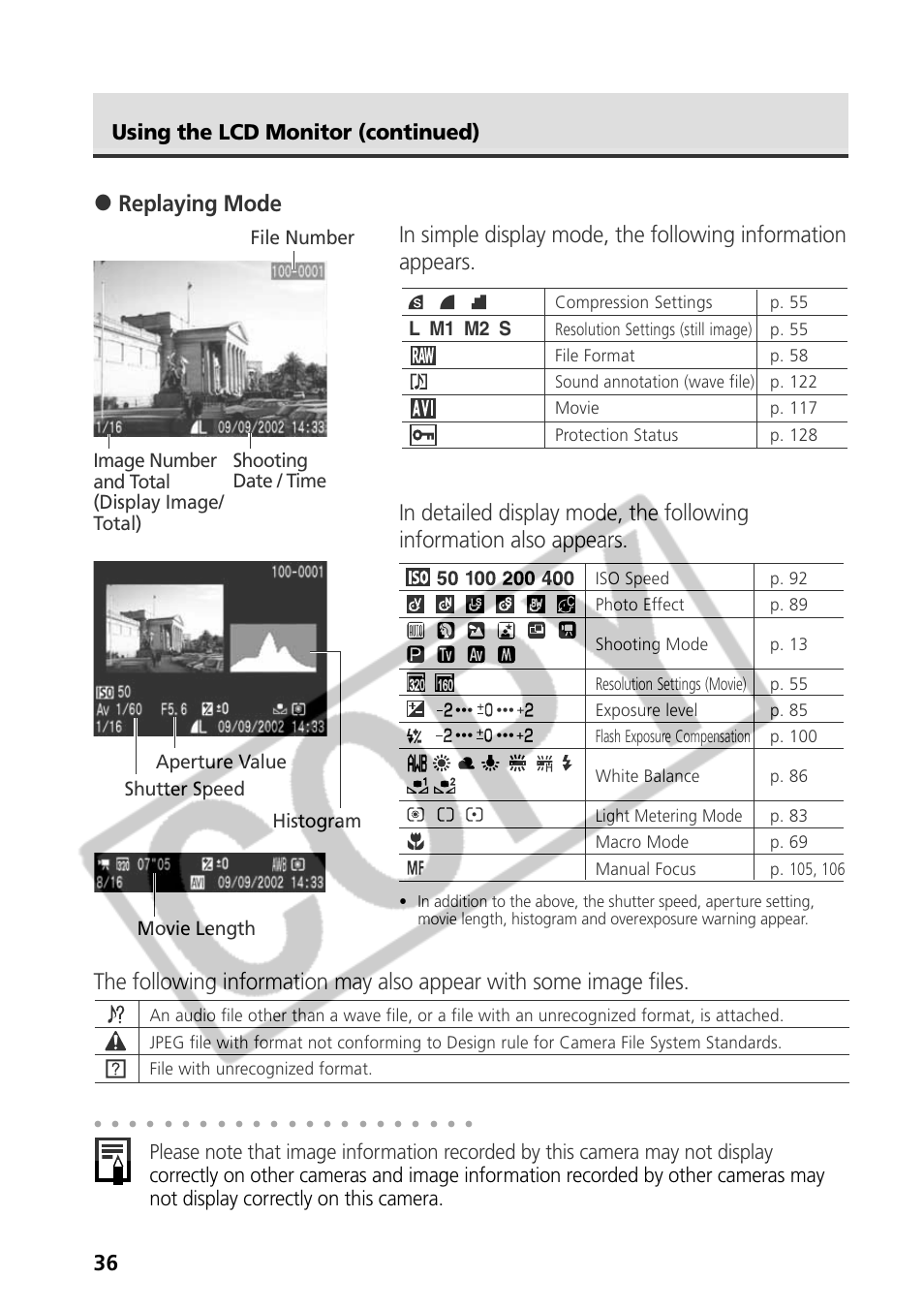 36 using the lcd monitor (continued), Movie length | Canon CDI-E075-010 User Manual | Page 42 / 214