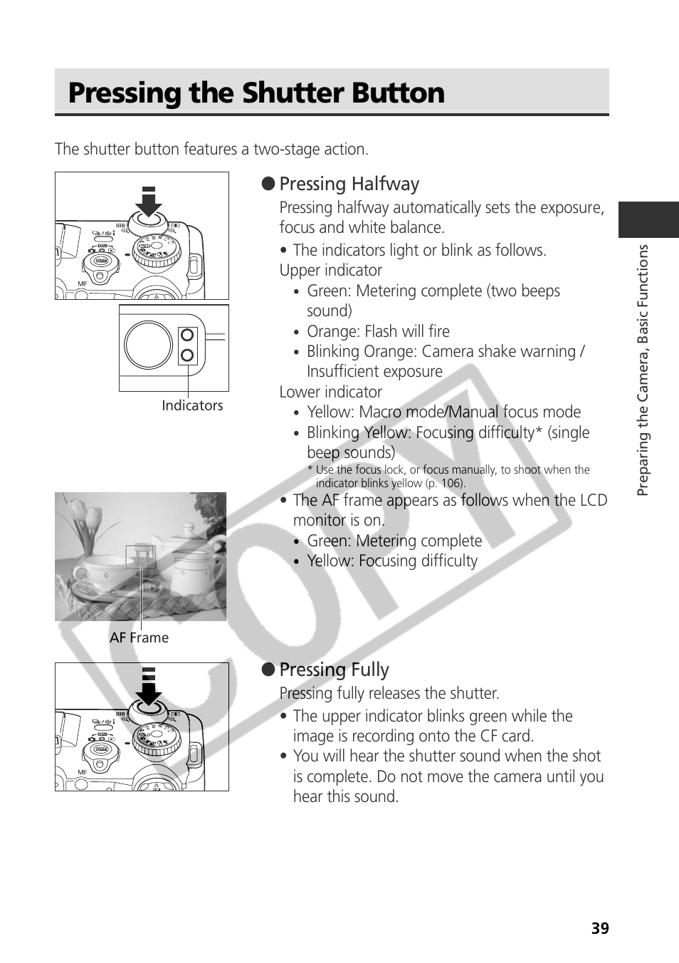 Pressing the shutter button, Pressing halfway, Pressing fully | Canon CDI-E075-010 User Manual | Page 45 / 214