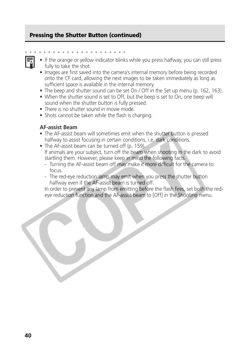 Af-assist beam, Pressing the shutter button (continued) | Canon CDI-E075-010 User Manual | Page 46 / 214