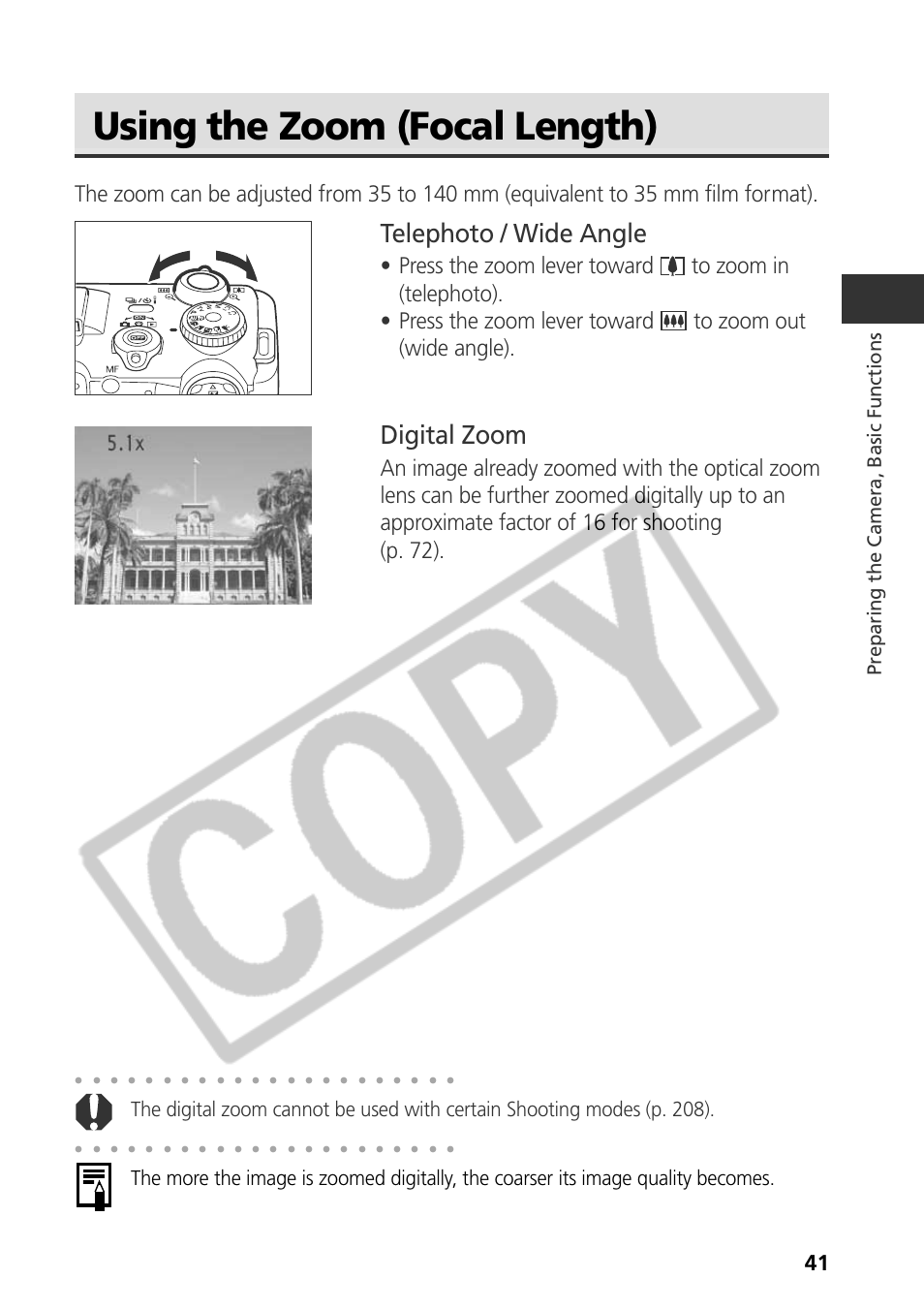 Using the zoom (focal length), Telephoto / wide angle, Digital zoom | Preparing the camera, basic functions | Canon CDI-E075-010 User Manual | Page 47 / 214