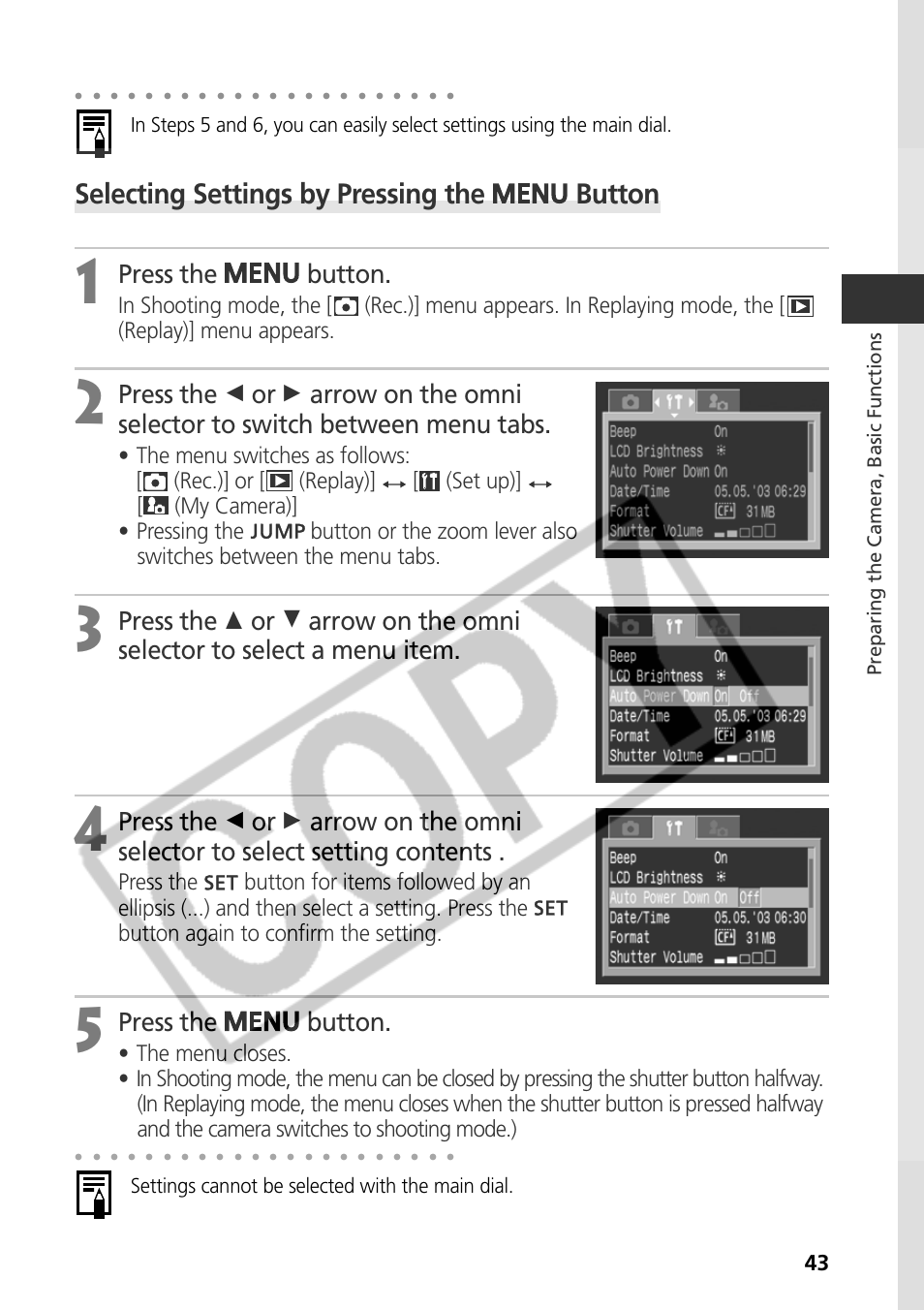 Selecting settings by pressing the button, Press the button, Settings cannot be selected with the main dial | Canon CDI-E075-010 User Manual | Page 49 / 214