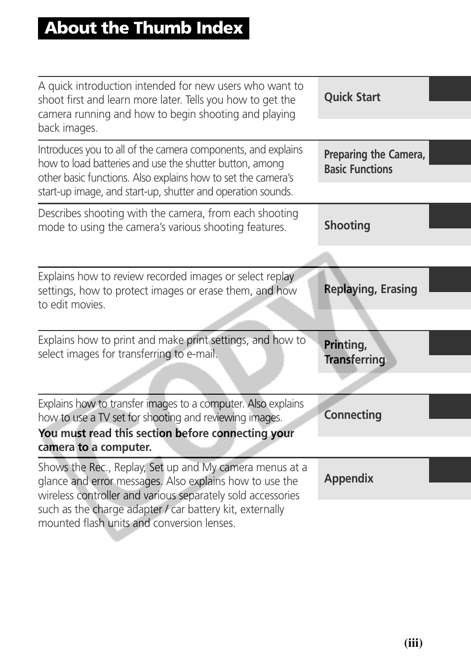 About the thumb index | Canon CDI-E075-010 User Manual | Page 5 / 214