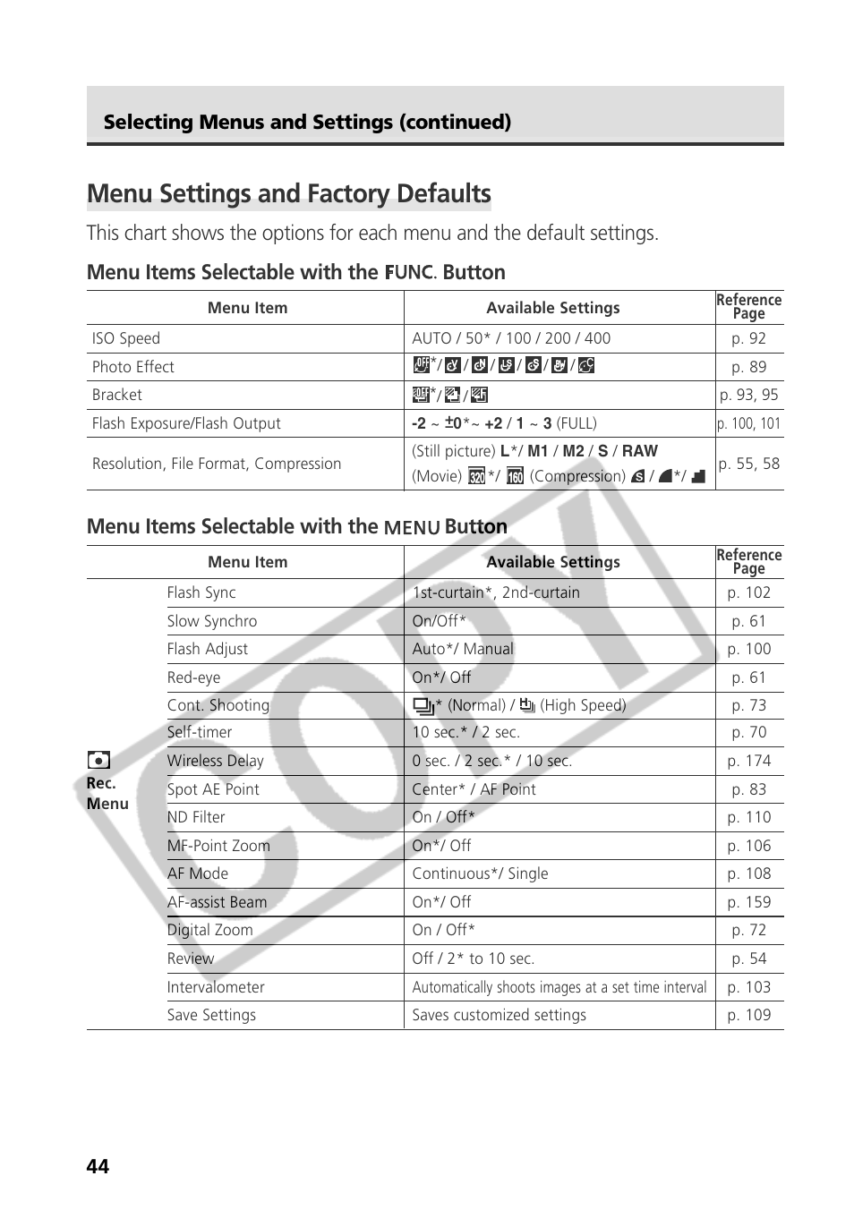 Menu settings and factory defaults, 44 selecting menus and settings (continued) | Canon CDI-E075-010 User Manual | Page 50 / 214