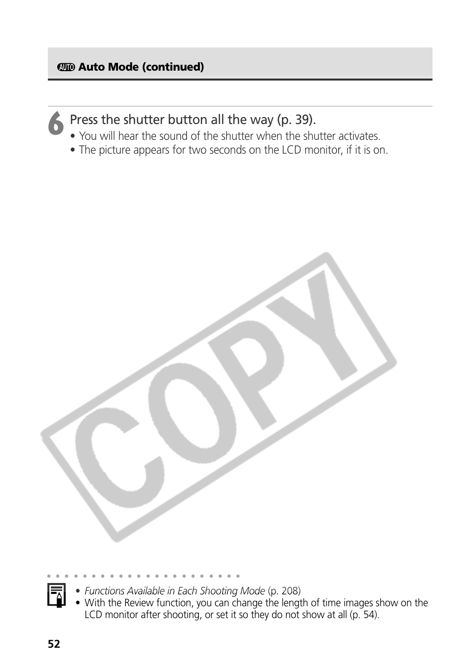 Press the shutter button all the way (p. 39), Auto mode (continued) | Canon CDI-E075-010 User Manual | Page 58 / 214