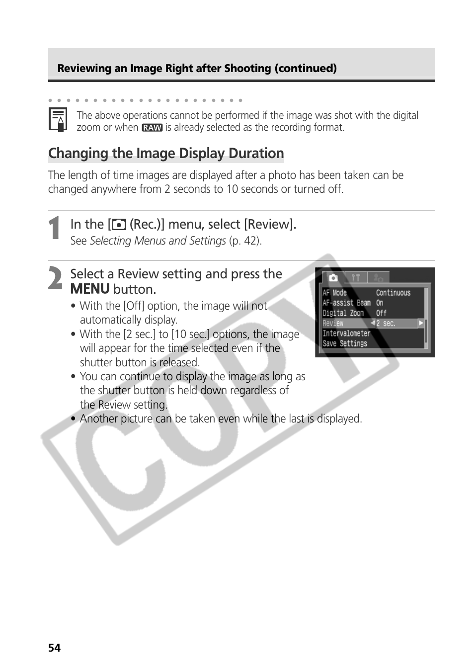 Changing the image display duration, Select a review setting and press the button, See selecting menus and settings (p. 42) | Canon CDI-E075-010 User Manual | Page 60 / 214