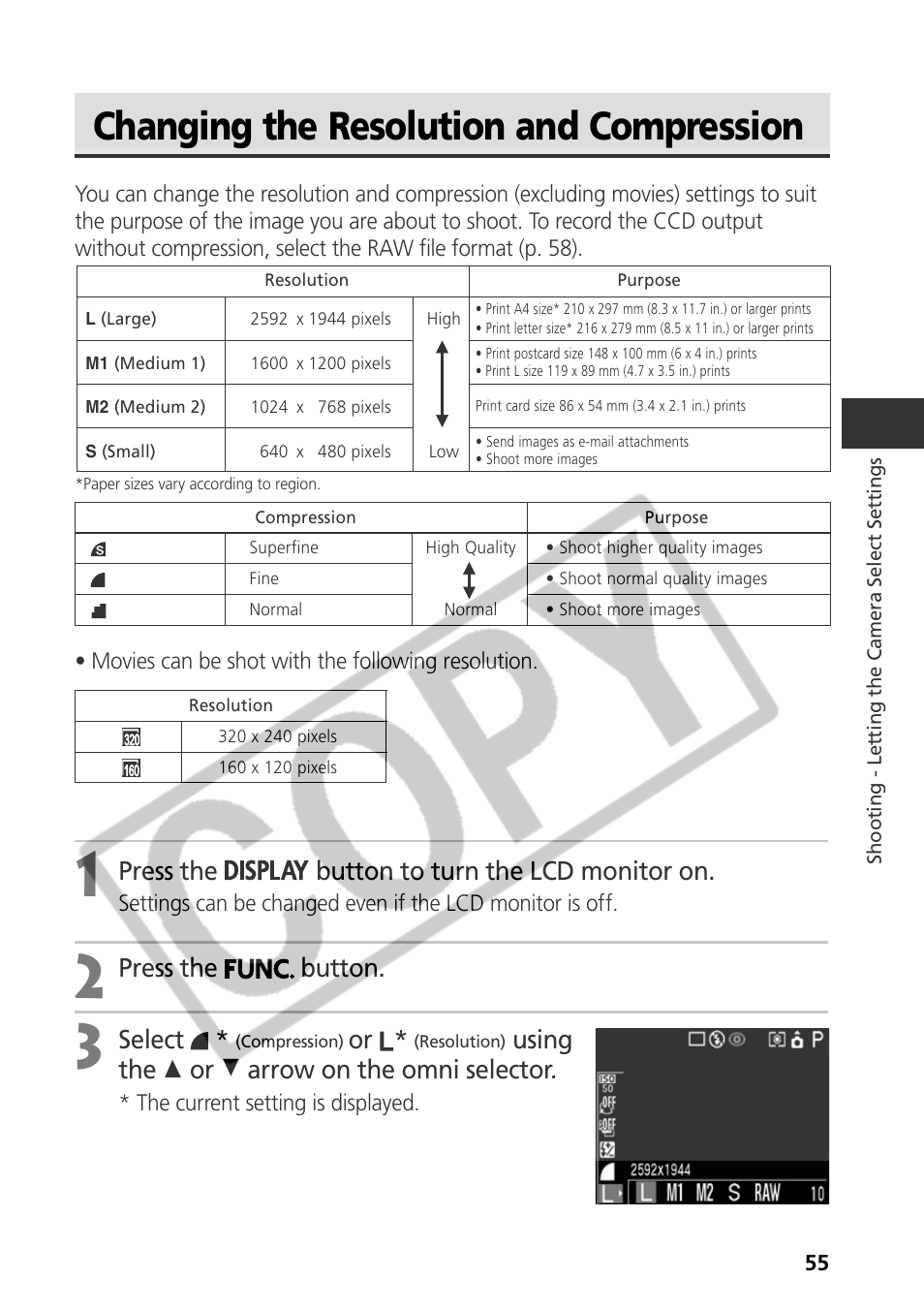 Changing the resolution and compression, Press the button to turn the lcd monitor on, Press the button | Select, Using the c or d arrow on the omni selector | Canon CDI-E075-010 User Manual | Page 61 / 214