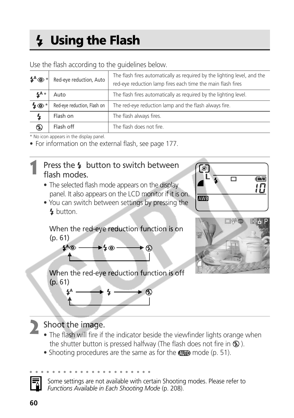 Using the flash, Press the button to switch between flash modes, Shoot the image | Use the flash according to the guidelines below | Canon CDI-E075-010 User Manual | Page 66 / 214