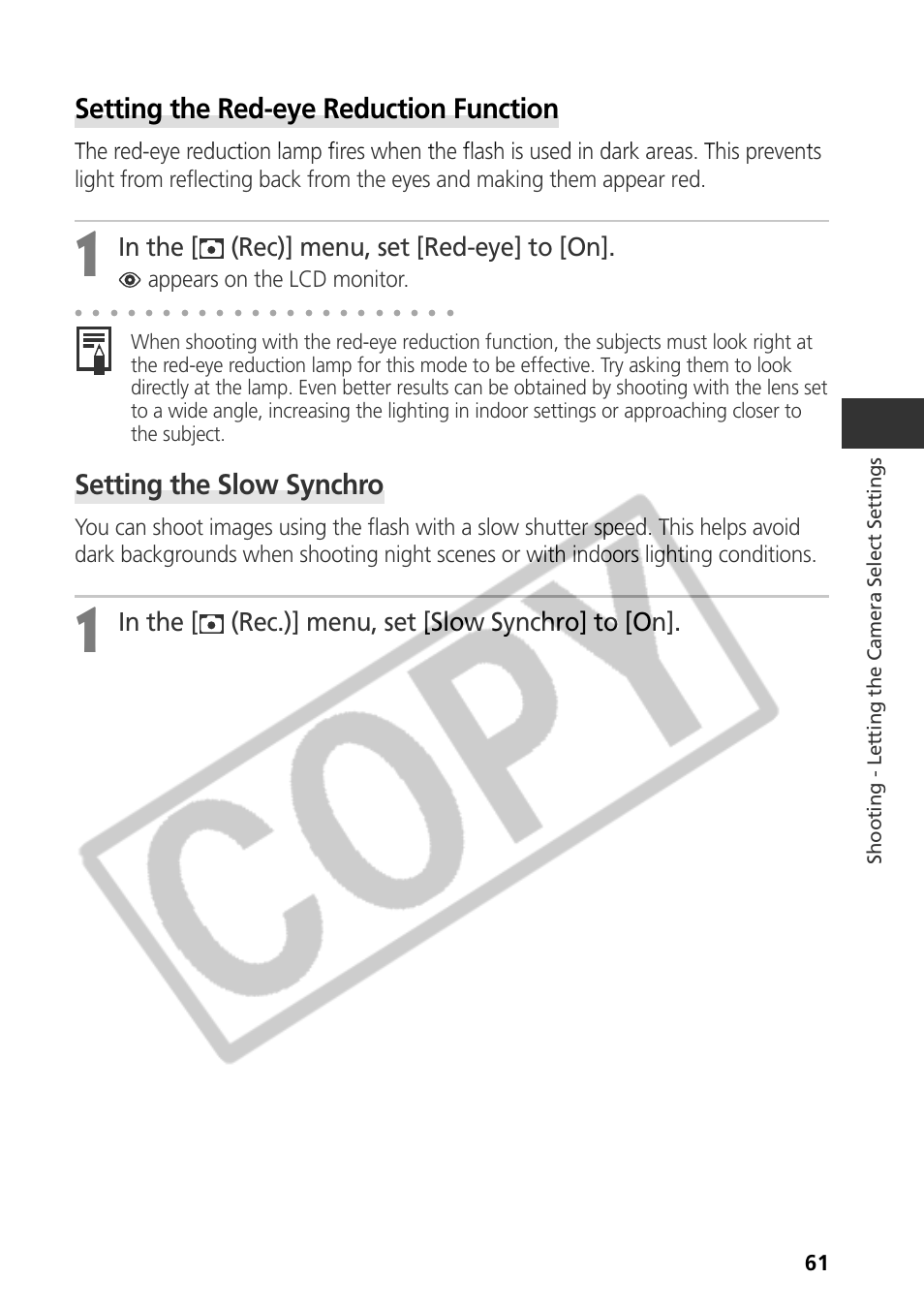 Setting the red-eye reduction function, Setting the slow synchro, Appears on the lcd monitor | Shooting - letting the camera select settings | Canon CDI-E075-010 User Manual | Page 67 / 214