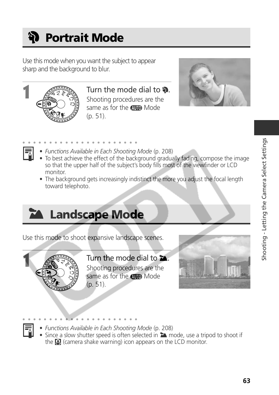 Portrait mode, Landscape mode, Turn the mode dial to | Use this mode to shoot expansive landscape scenes, Shooting - letting the camera select settings | Canon CDI-E075-010 User Manual | Page 69 / 214