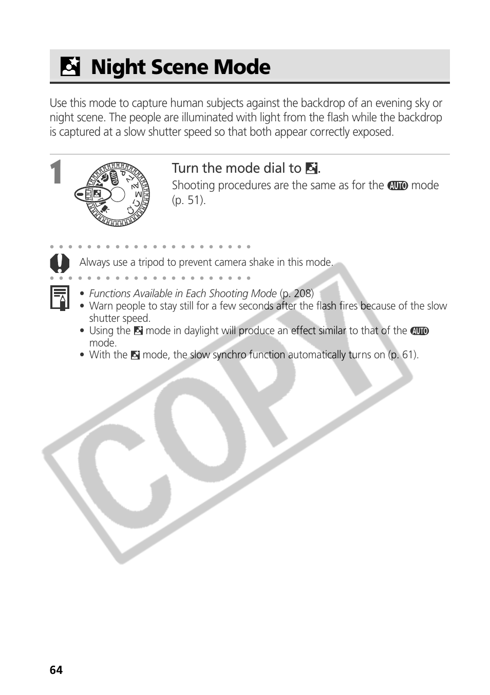 Night scene mode, Turn the mode dial to | Canon CDI-E075-010 User Manual | Page 70 / 214