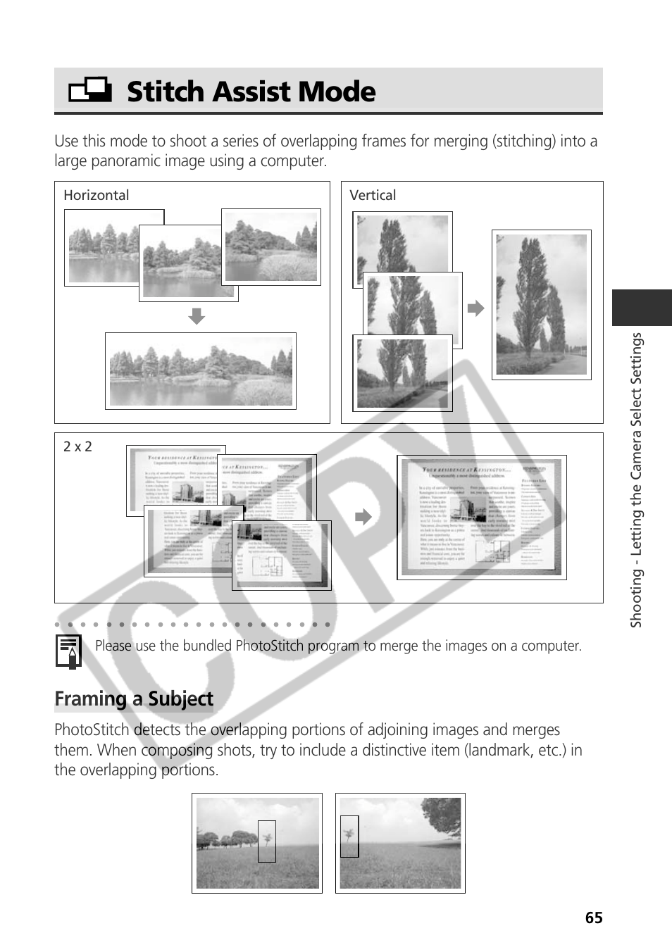 Stitch assist mode, Framing a subject | Canon CDI-E075-010 User Manual | Page 71 / 214