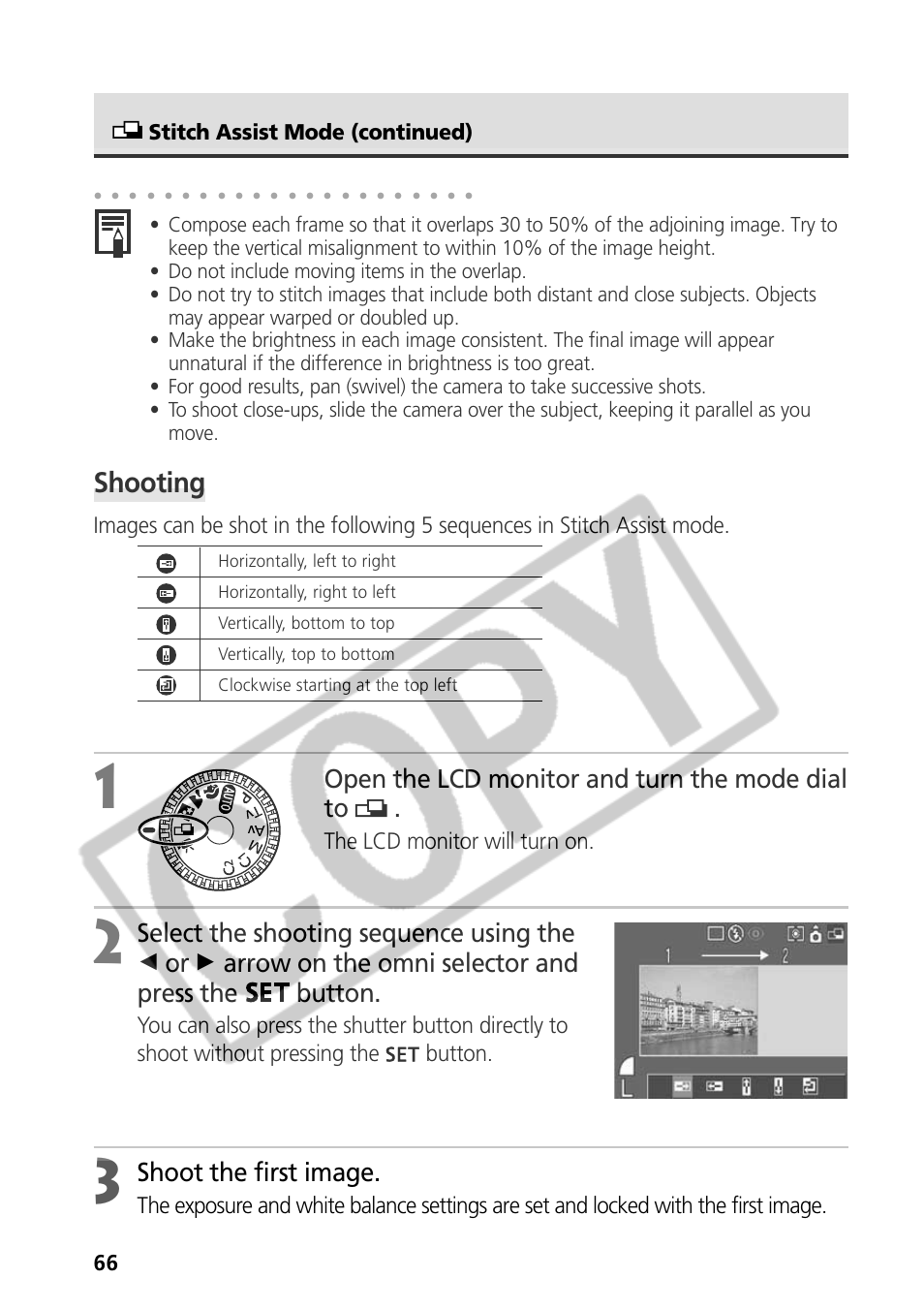 Shooting, Open the lcd monitor and turn the mode dial to, Shoot the first image | The lcd monitor will turn on, 66 stitch assist mode (continued) | Canon CDI-E075-010 User Manual | Page 72 / 214