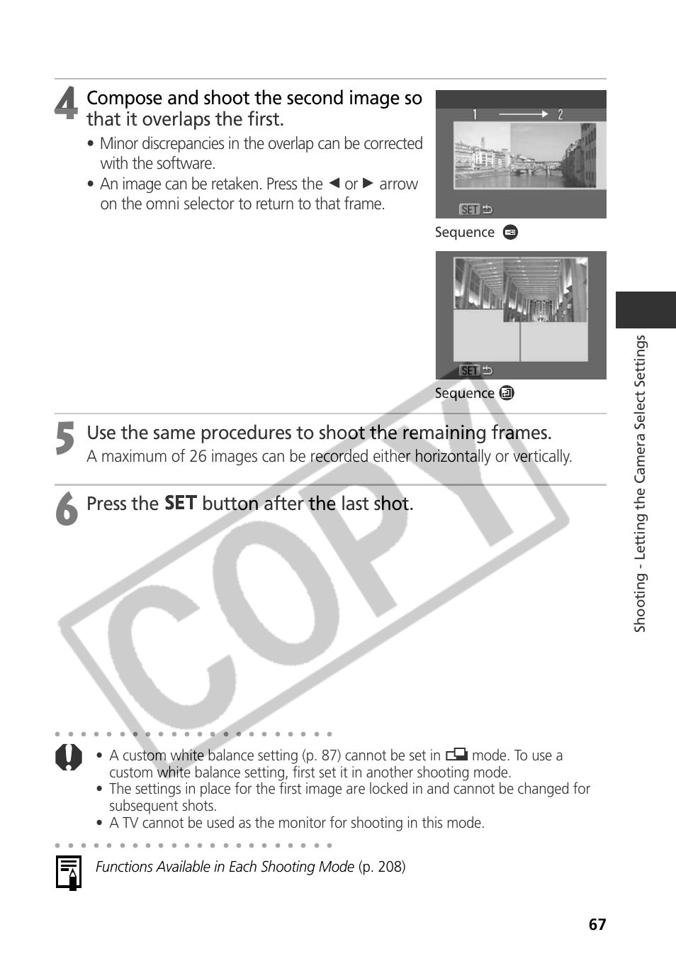 Press the button after the last shot, Functions available in each shooting mode (p. 208), Shooting - letting the camera select settings | Sequence | Canon CDI-E075-010 User Manual | Page 73 / 214