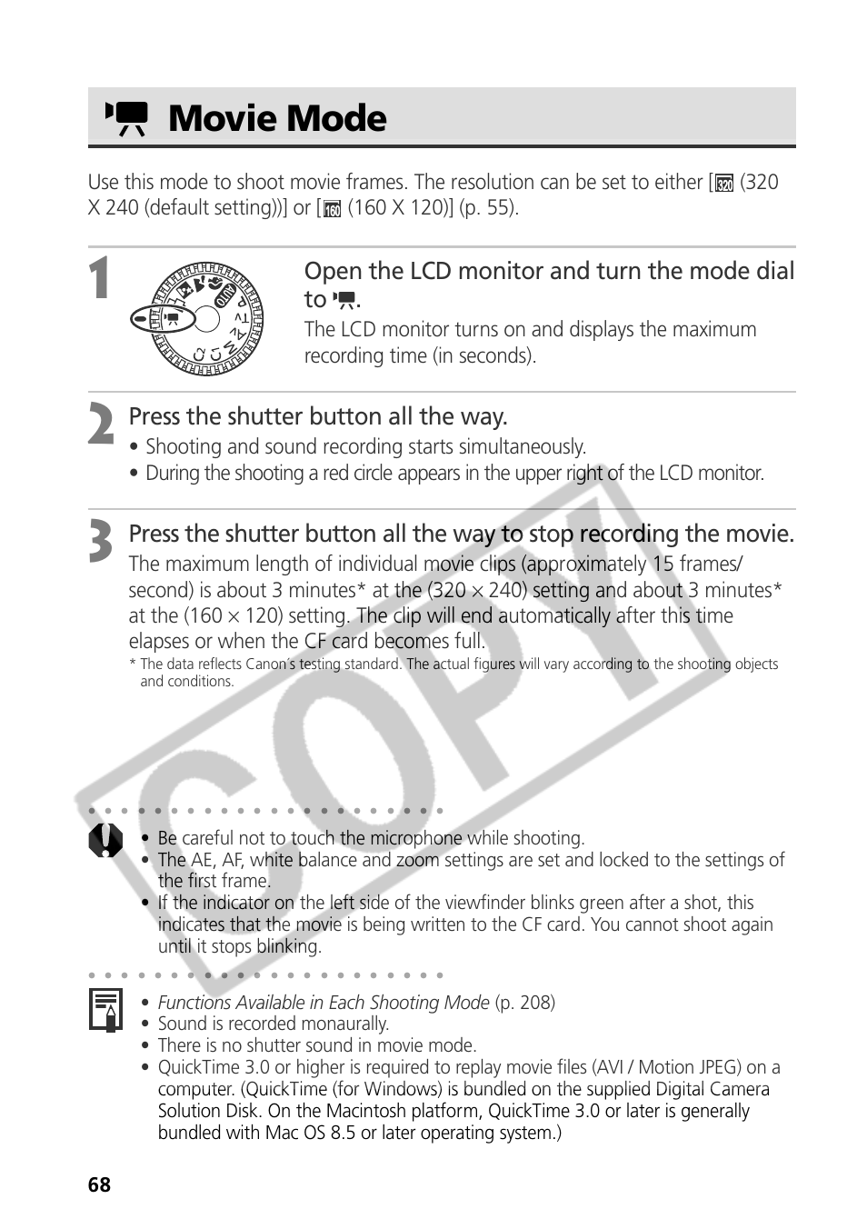 Movie mode, Open the lcd monitor and turn the mode dial to, Press the shutter button all the way | Canon CDI-E075-010 User Manual | Page 74 / 214