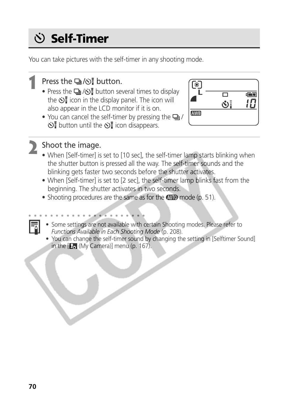 Self-timer, Press the / button, Shoot the image | Canon CDI-E075-010 User Manual | Page 76 / 214