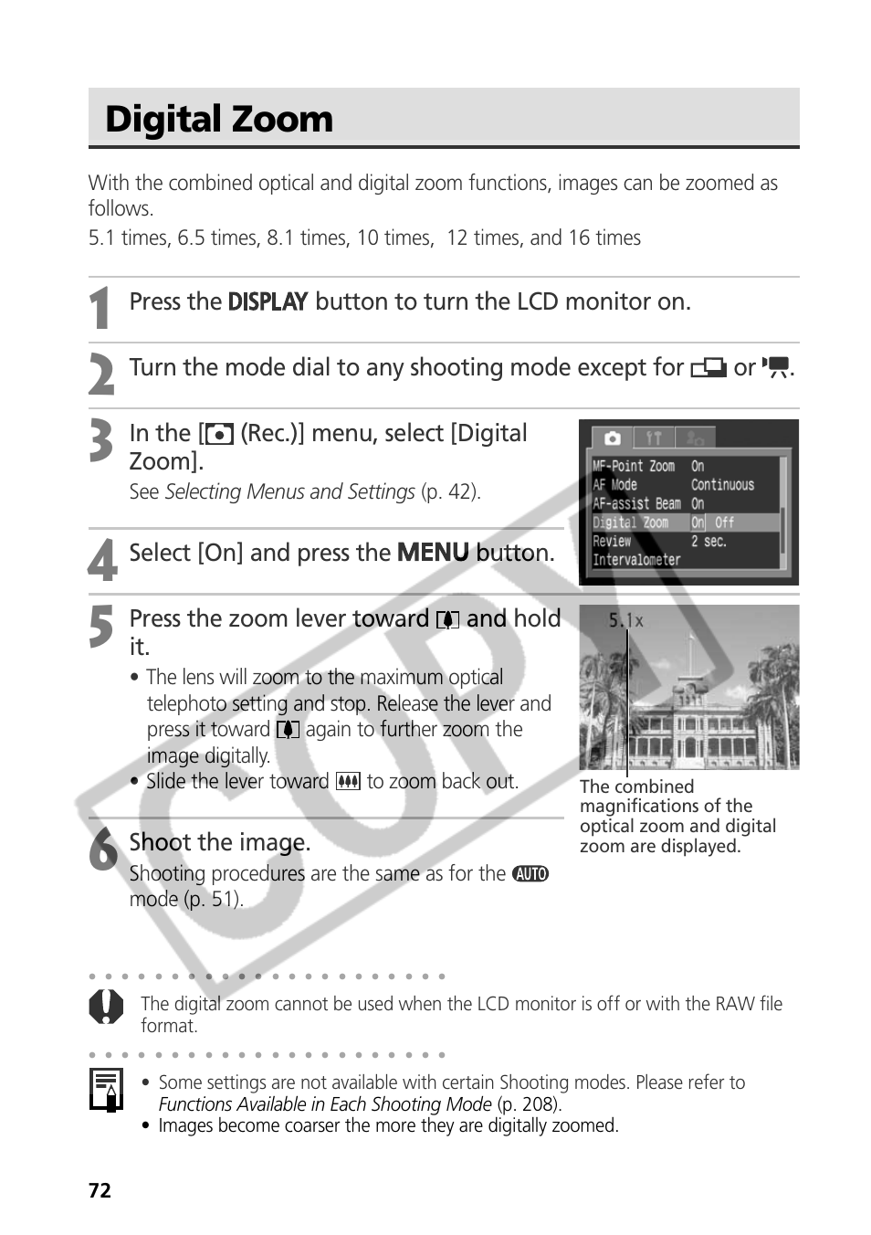 Digital zoom, Press the button to turn the lcd monitor on, Select [on] and press the button | Press the zoom lever toward and hold it, Shoot the image, See selecting menus and settings (p. 42) | Canon CDI-E075-010 User Manual | Page 78 / 214