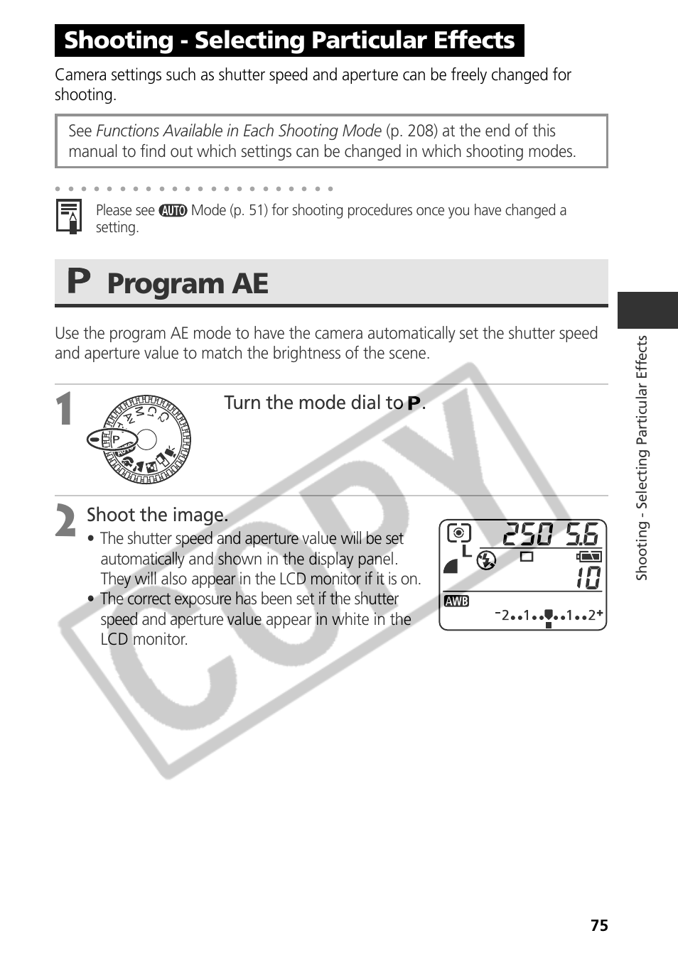 Program ae, Shooting - selecting particular effects, Turn the mode dial to | Shoot the image, Shooting - selecting par ticular ef fects | Canon CDI-E075-010 User Manual | Page 81 / 214