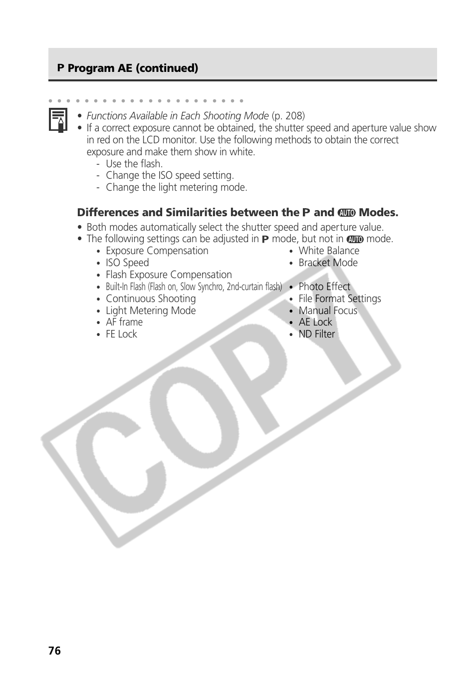 Differences and similarities between the and modes, Program ae (continued), Exposure compensation | White balance, Iso speed, Bracket mode, Flash exposure compensation, Photo effect, Continuous shooting, File format settings | Canon CDI-E075-010 User Manual | Page 82 / 214