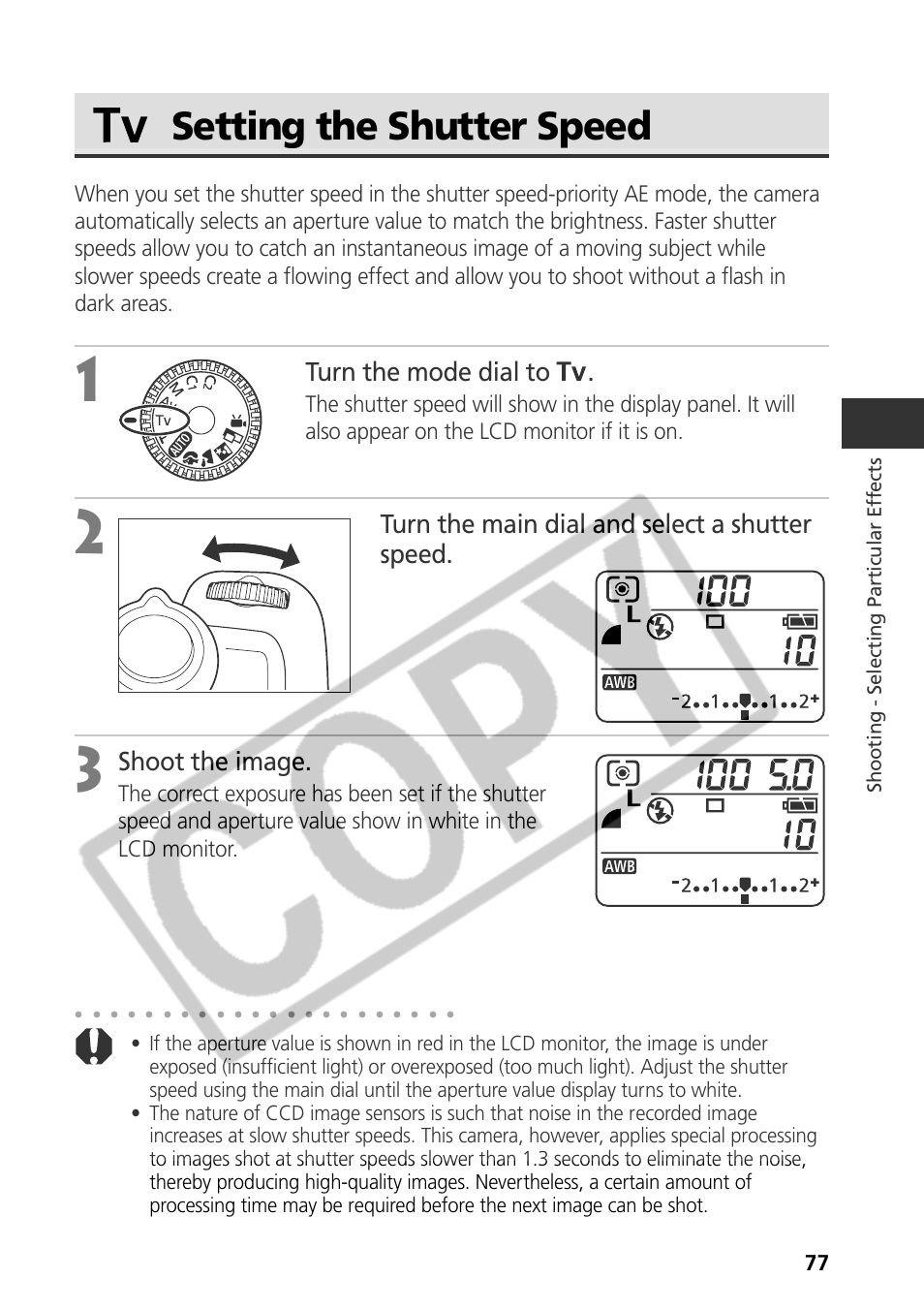 Setting the shutter speed, Turn the mode dial to, Turn the main dial and select a shutter speed | Shoot the image | Canon CDI-E075-010 User Manual | Page 83 / 214