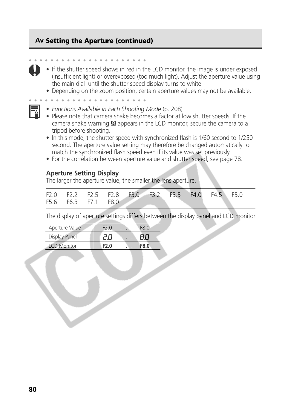 Aperture setting display, Setting the aperture (continued) | Canon CDI-E075-010 User Manual | Page 86 / 214