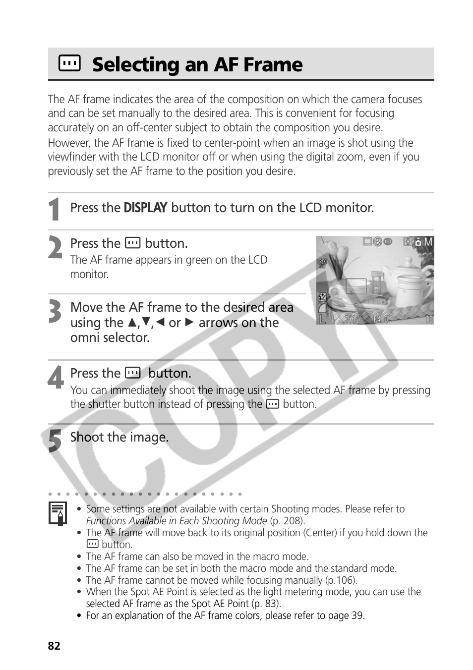 Selecting an af frame, Press the button to turn on the lcd monitor, Press the button | Shoot the image | Canon CDI-E075-010 User Manual | Page 88 / 214