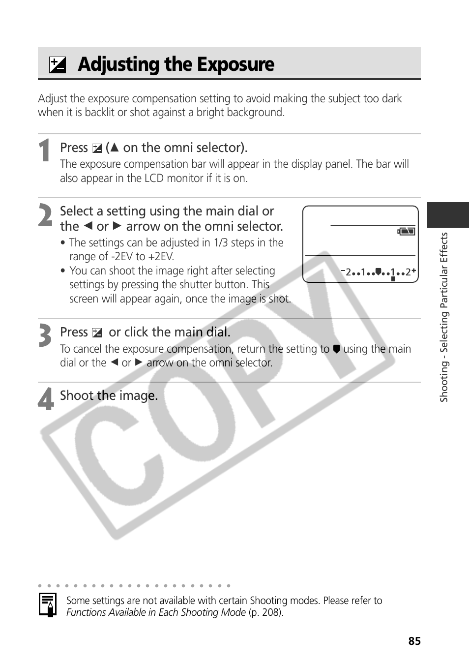 Adjusting the exposure, Press ( c on the omni selector), Press or click the main dial | Shoot the image | Canon CDI-E075-010 User Manual | Page 91 / 214