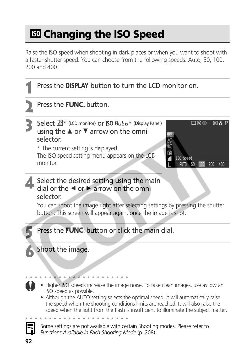 Changing the iso speed, Press the button to turn the lcd monitor on, Press the button | Select, Using the c or d arrow on the omni selector, Press the button or click the main dial, Shoot the image | Canon CDI-E075-010 User Manual | Page 98 / 214