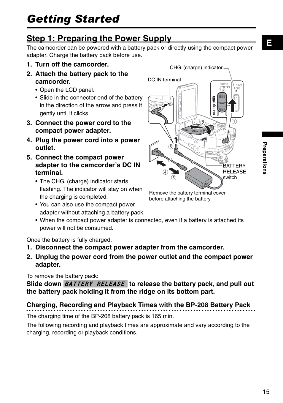 Preparations, Getting started, Step 1: preparing the power supply | Canon DC 100 User Manual | Page 15 / 80