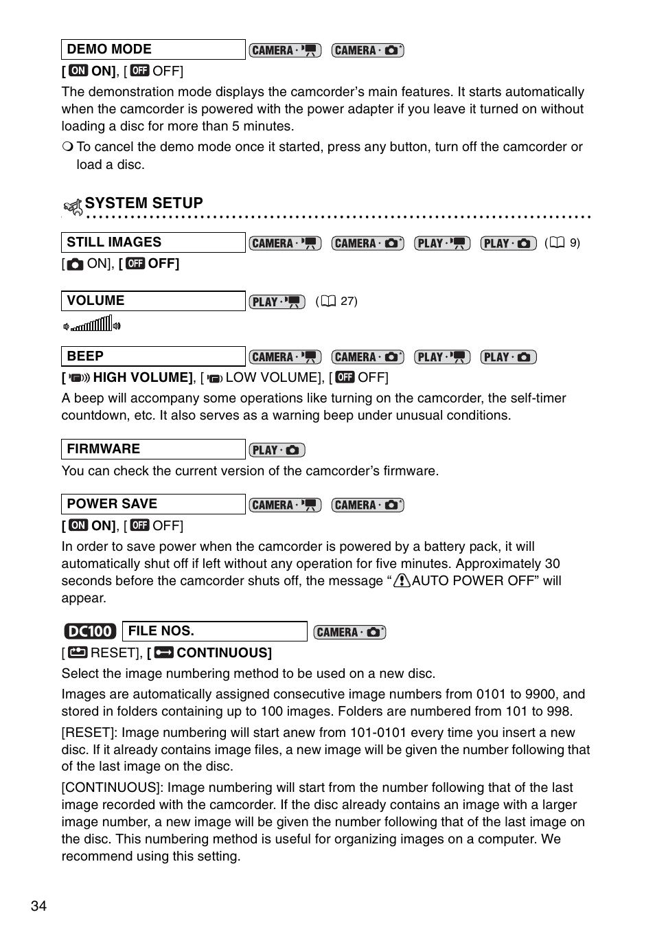 System setup | Canon DC 100 User Manual | Page 34 / 80