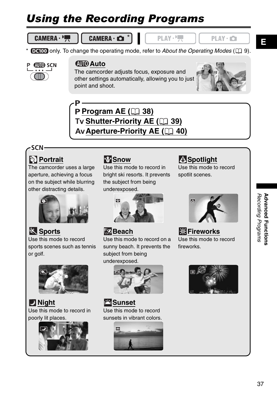 Recording programs, Using the recording programs | Canon DC 100 User Manual | Page 37 / 80