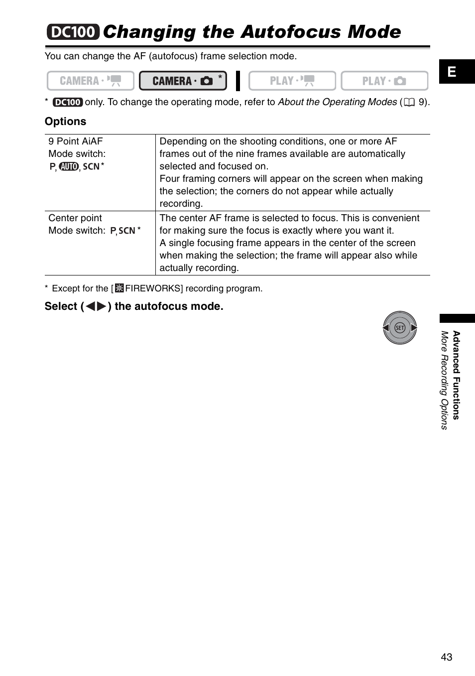 Changing the autofocus mode | Canon DC 100 User Manual | Page 43 / 80