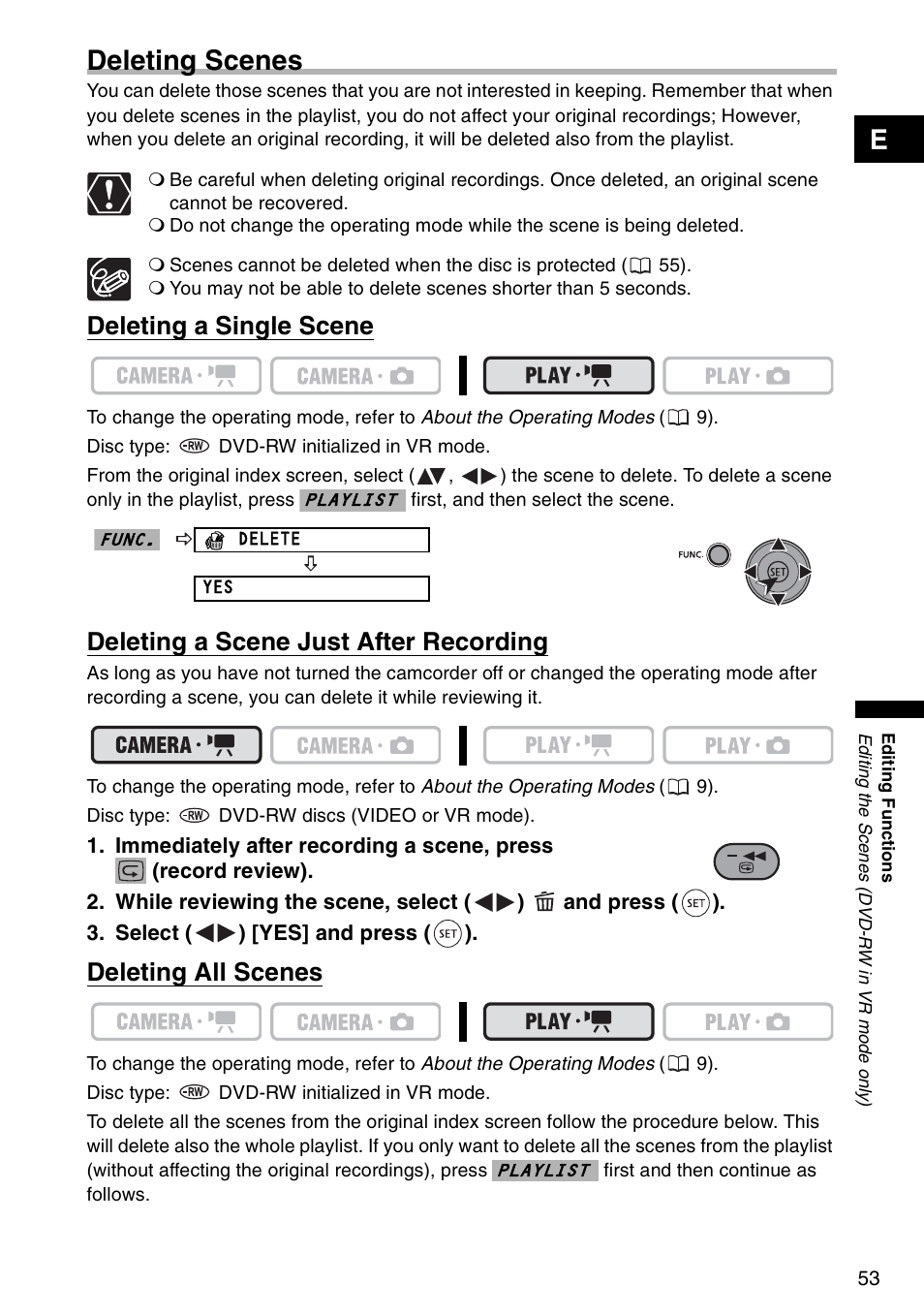Deleting scenes, Edeleting scenes, Deleting a single scene | Deleting a scene just after recording, Deleting all scenes | Canon DC 100 User Manual | Page 53 / 80
