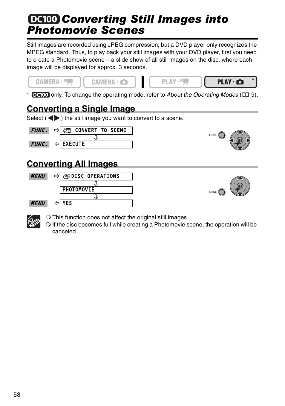 Converting still images into photomovie scenes, Converting a single image, Converting all images | Canon DC 100 User Manual | Page 58 / 80