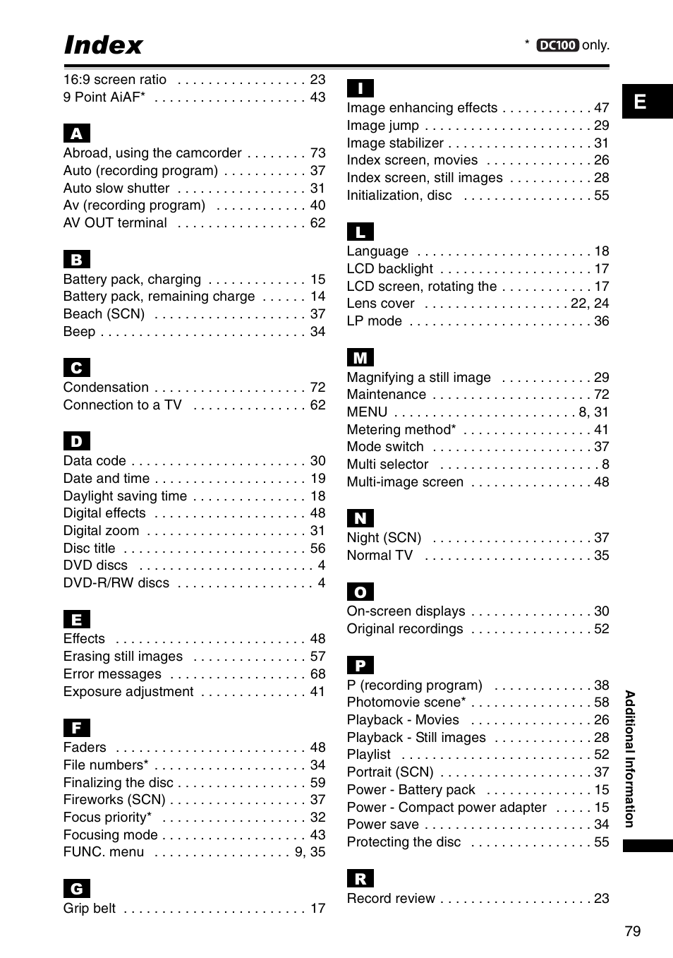 Index | Canon DC 100 User Manual | Page 79 / 80