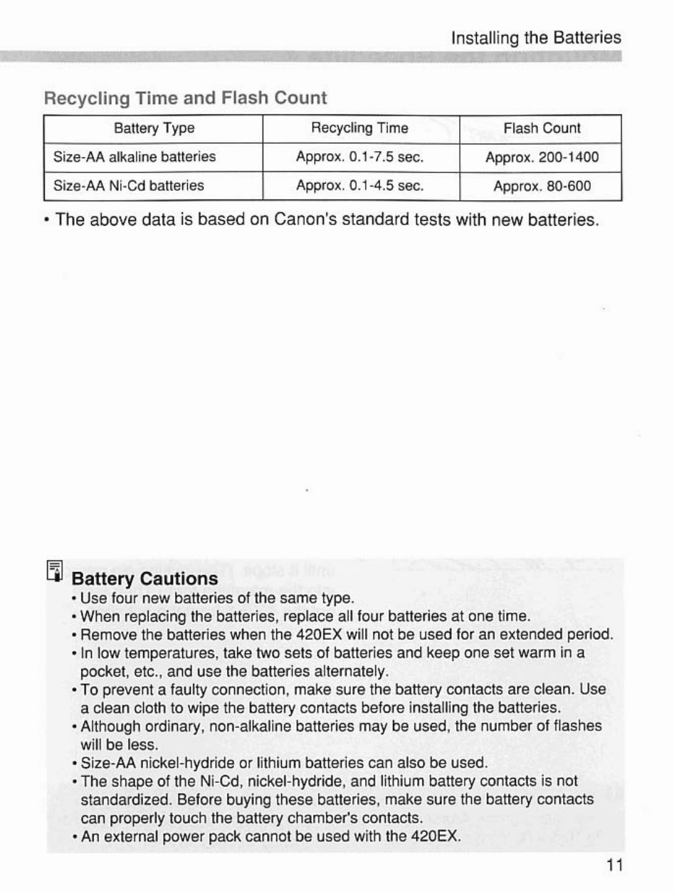 Recycling time and flash count | Canon Speedlite 420EX User Manual | Page 11 / 56