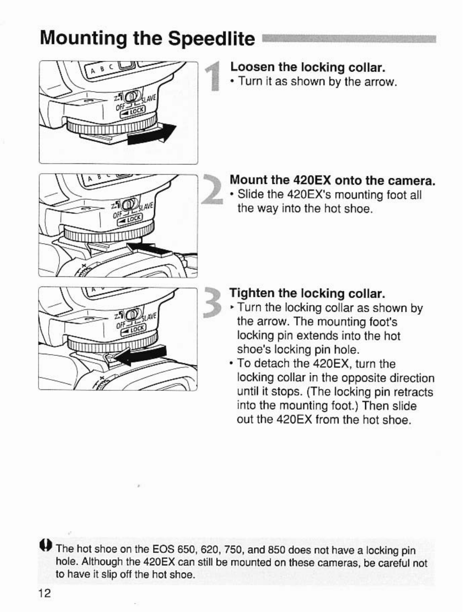 Mounting the speedlite | Canon Speedlite 420EX User Manual | Page 12 / 56