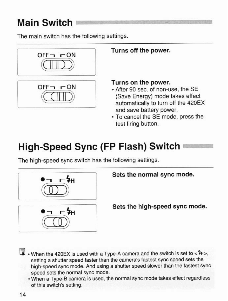 Main switch, High-speed sync (fp flash) switch | Canon Speedlite 420EX User Manual | Page 14 / 56