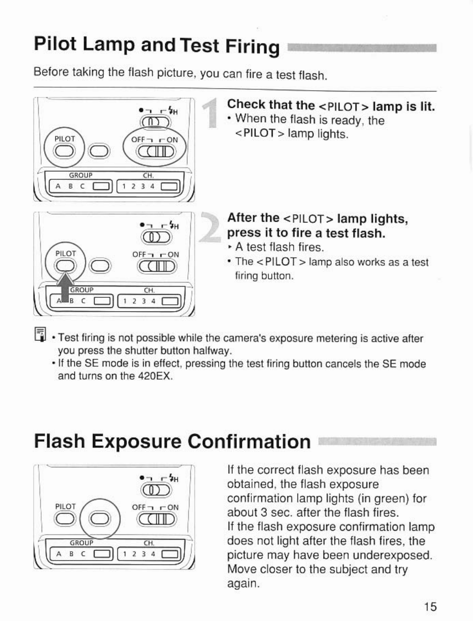 Pilot lamp and test firing, Flash exposure confirmation | Canon Speedlite 420EX User Manual | Page 15 / 56