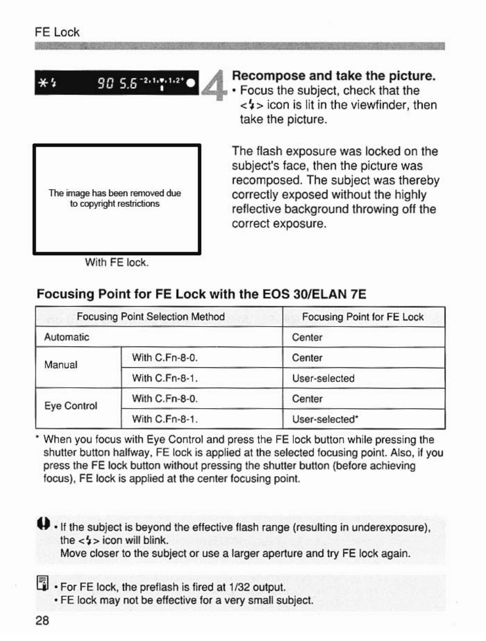 Focusing point for fe lock with the eos 30/elan 7e | Canon Speedlite 420EX User Manual | Page 28 / 56